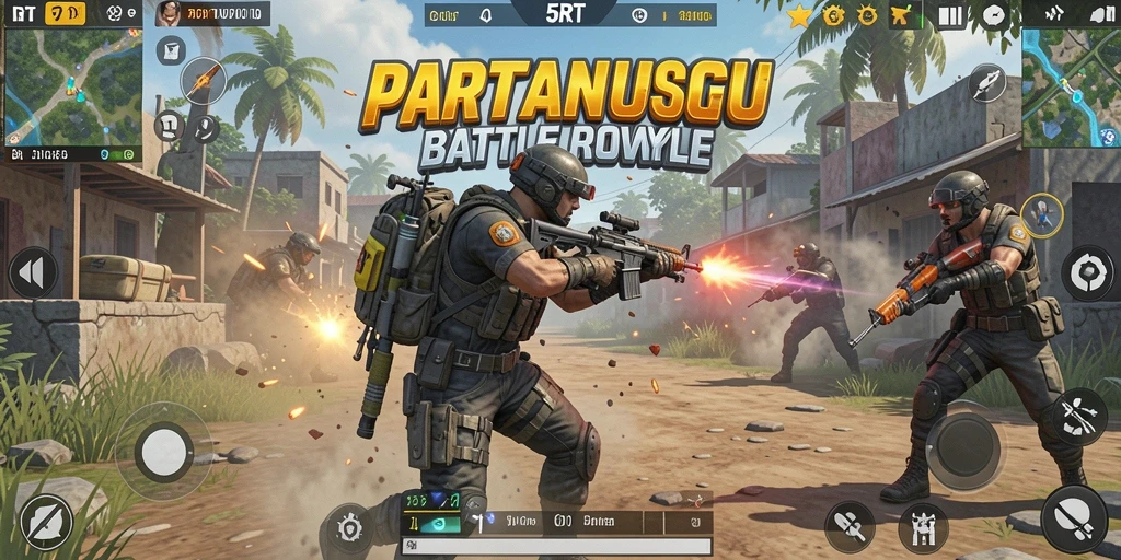 Screenshot 5RT menampilkan pertempuran seru dalam arena Battle Royale.