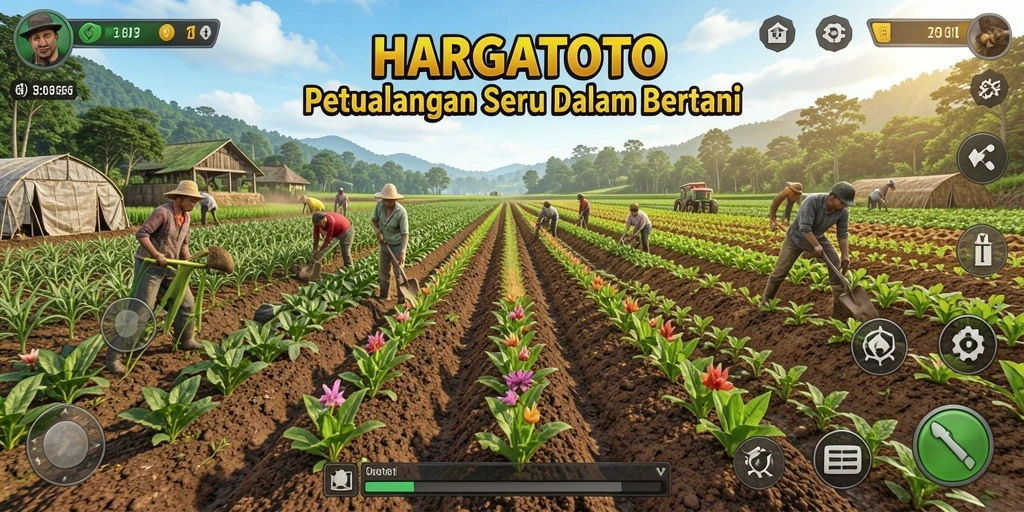 Tampilan gameplay HARGATOTO saat merawat ladang pertanian yang subur.
