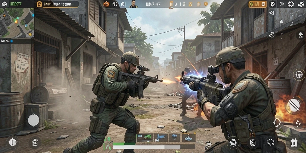 Screenshot utama IDR77 menampilkan aksi tembak-menembak yang mendebarkan.
