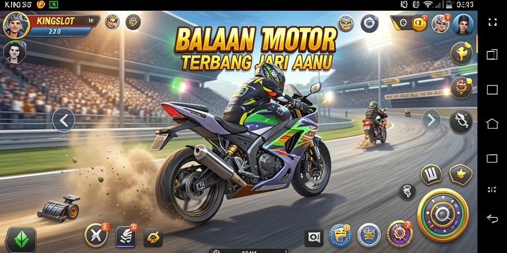 Tampilan gameplay KINGSLOT dengan balapan motor yang mendebarkan.