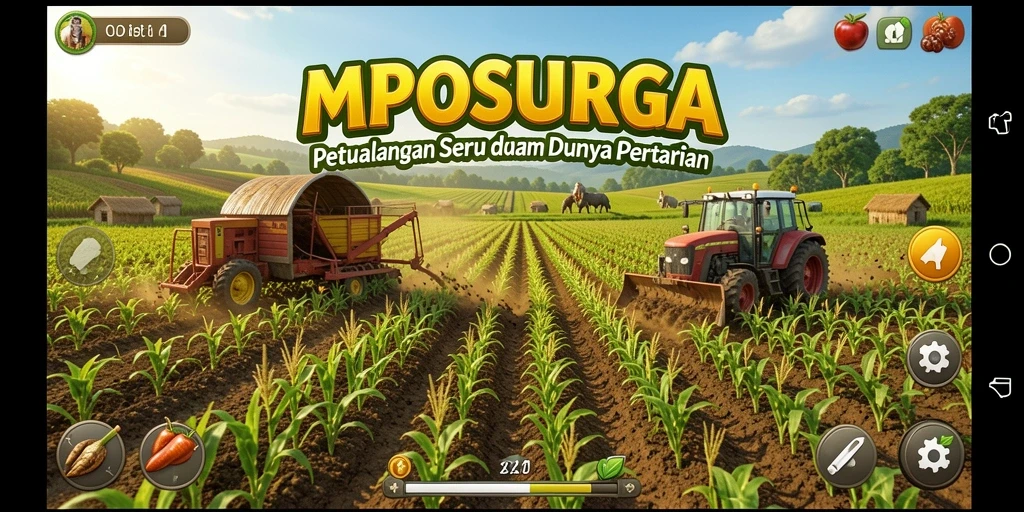 Tangkapan layar gameplay MPOSURGA menunjukkan pertanian yang subur dan interaktif.