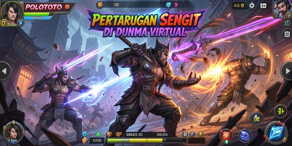 Screenshot utama POLOTOTO menampilkan pertarungan epik antara karakter di arena.