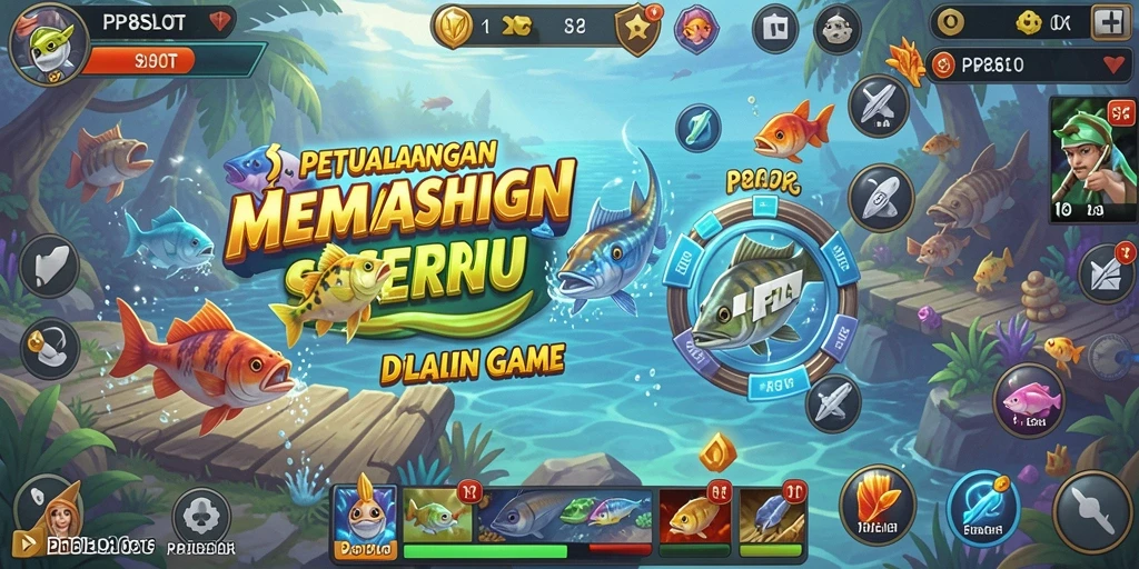 Screenshot PP8SLOT menampilkan pemain yang menangkap ikan besar di laut yang indah.